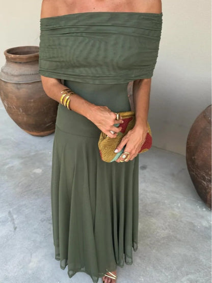 Vestido Maxi de Malla Elegante para Mujeres con Mangas Cortas y Off Shoulder Estilo Fruncido y Fluido