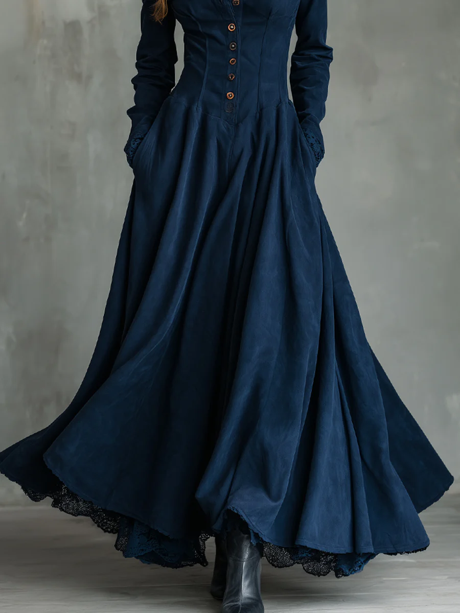 Vestido Maxi de Terciopelo Azul Oscuro Elegante para Mujeres con Cuello Alto, Manga Larga y Botones Frente Fluyente Estilo Victoriano