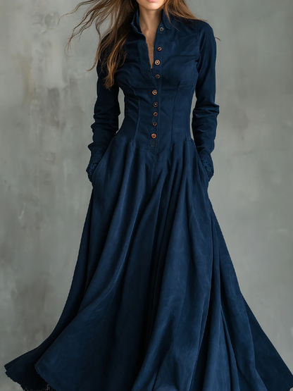 Vestido Maxi de Terciopelo Azul Oscuro Elegante para Mujeres con Cuello Alto, Manga Larga y Botones Frente Fluyente Estilo Victoriano