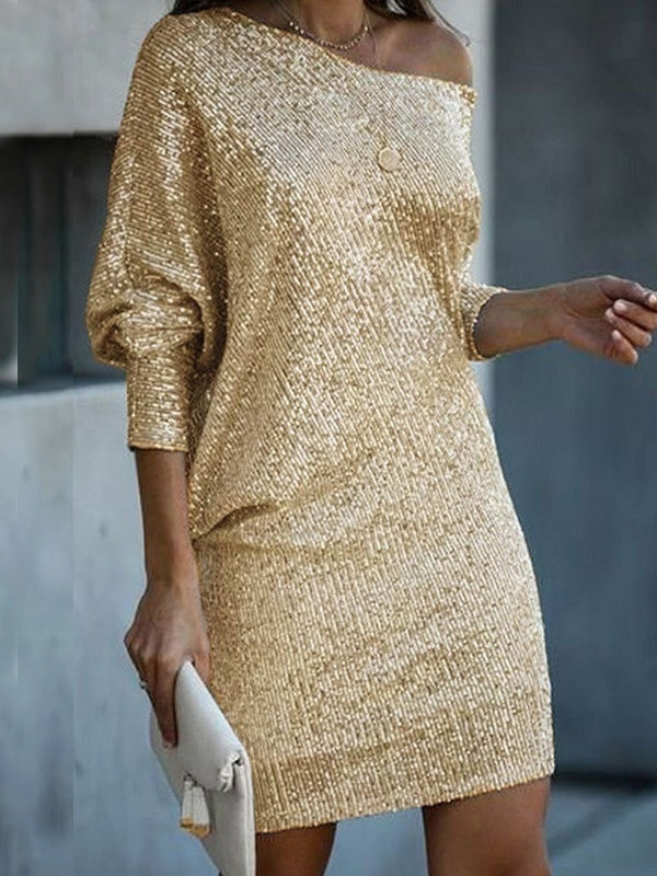 Elegante Vestido Mini de Lentejuelas para Mujeres con Manga Capa de Un Hombro, Cuerpo Ajustado, Brillante, Estilo Formal para Fiestas