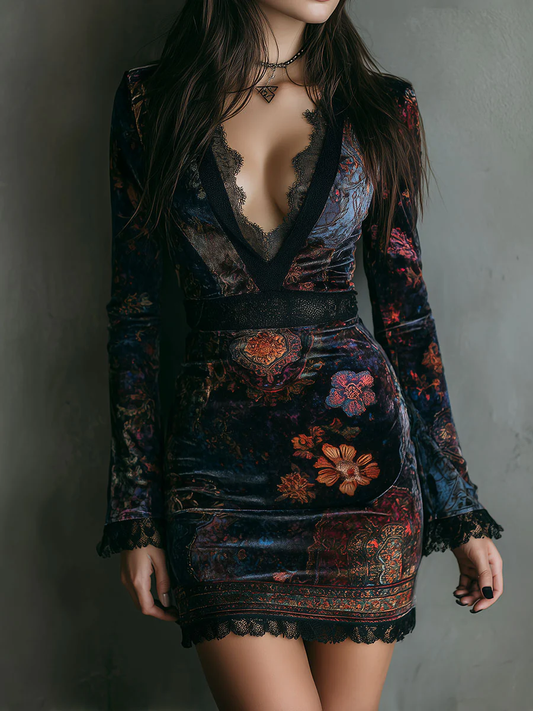 Elegante Vestido Corto de Terciopelo Floral Multicolor para Mujeres con Escote en V y Mangas de Campana con Detalle de Encaje Estilo Bodycon