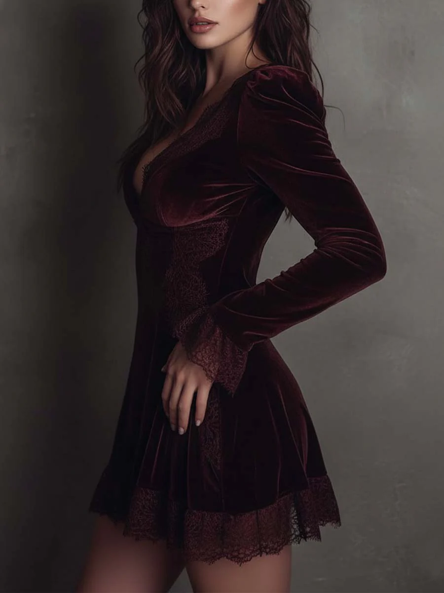 Elegante Vestido Mini de Terciopelo Burdeos para Mujeres con Escote en V y Mangas Largas con Detalle de Encaje