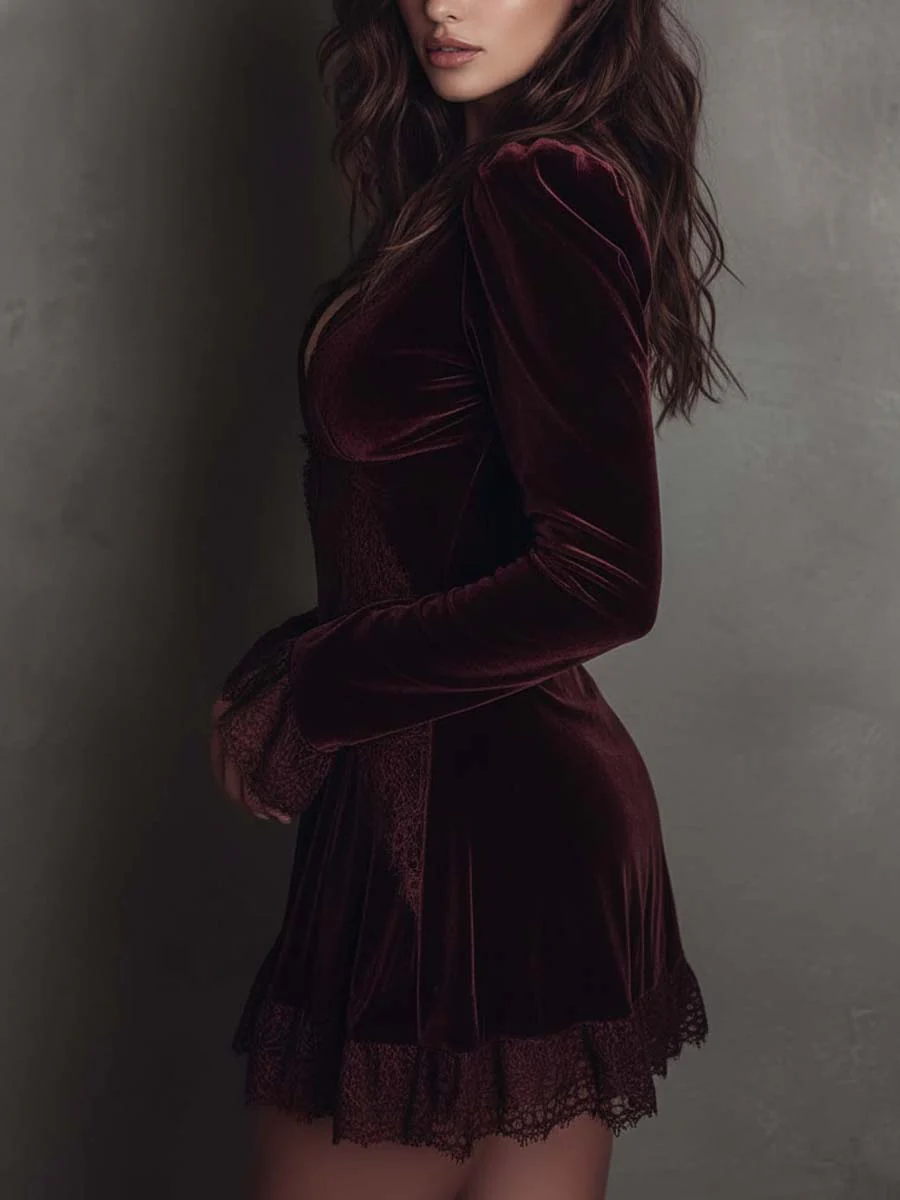 Elegante Vestido Mini de Terciopelo Burdeos para Mujeres con Escote en V y Mangas Largas con Detalle de Encaje