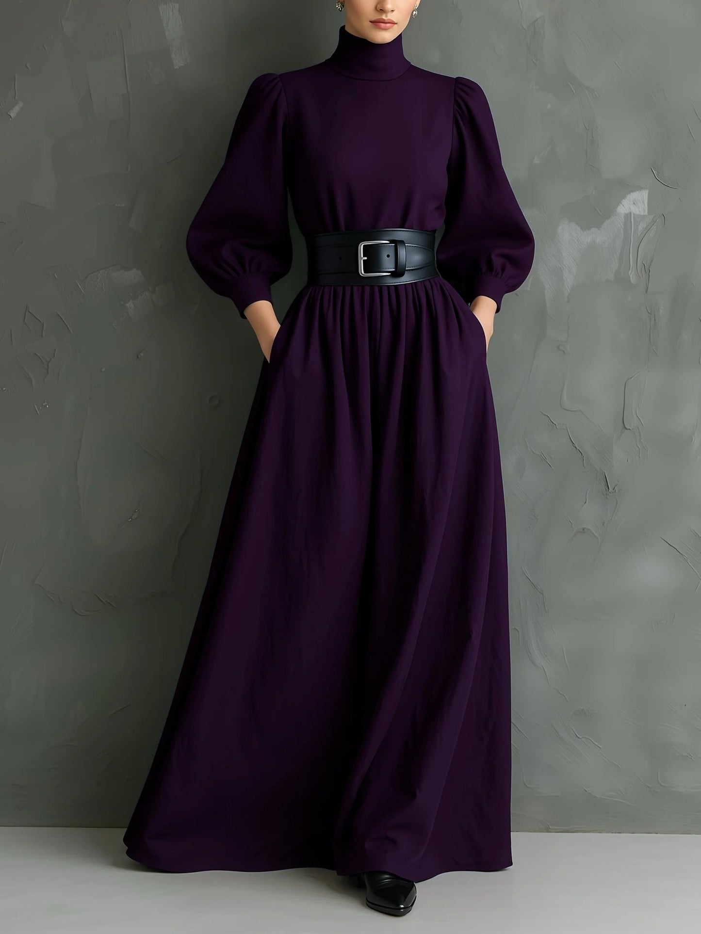 Elegante Maxi Vestido Morado Oscuro para Mujeres con Cuello Alto, Manga Obispo y Cinturón