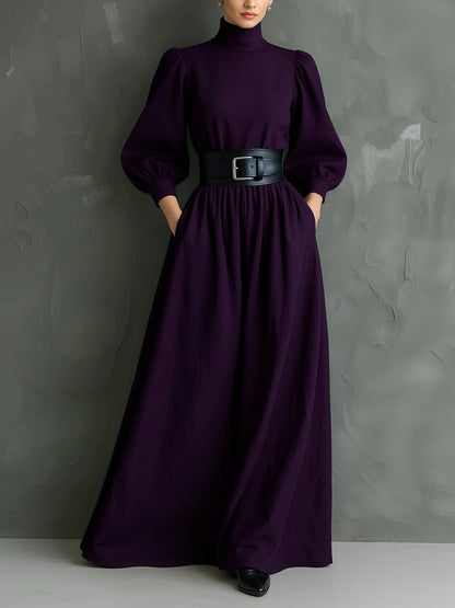 Elegante Maxi Vestido Morado Oscuro para Mujeres con Cuello Alto, Manga Obispo y Cinturón