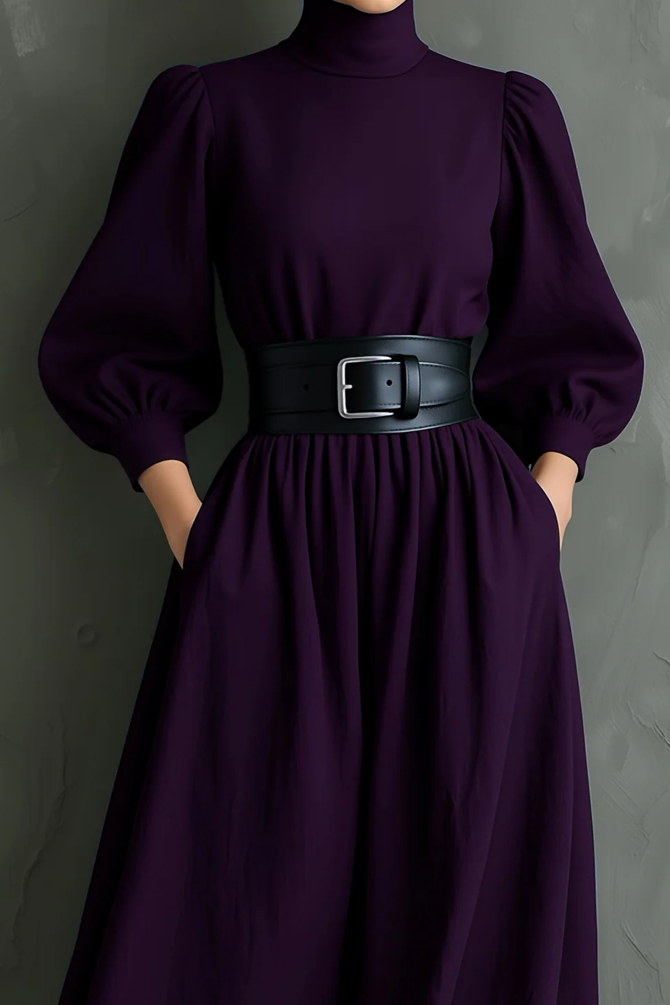 Elegante Maxi Vestido Morado Oscuro para Mujeres con Cuello Alto, Manga Obispo y Cinturón