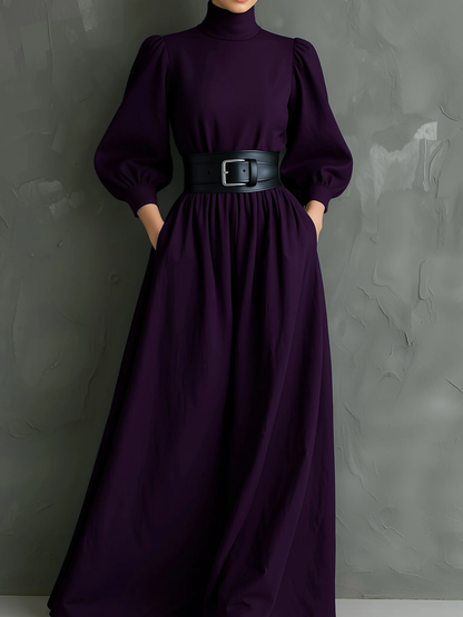 Elegante Maxi Vestido Morado Oscuro para Mujeres con Cuello Alto, Manga Obispo y Cinturón