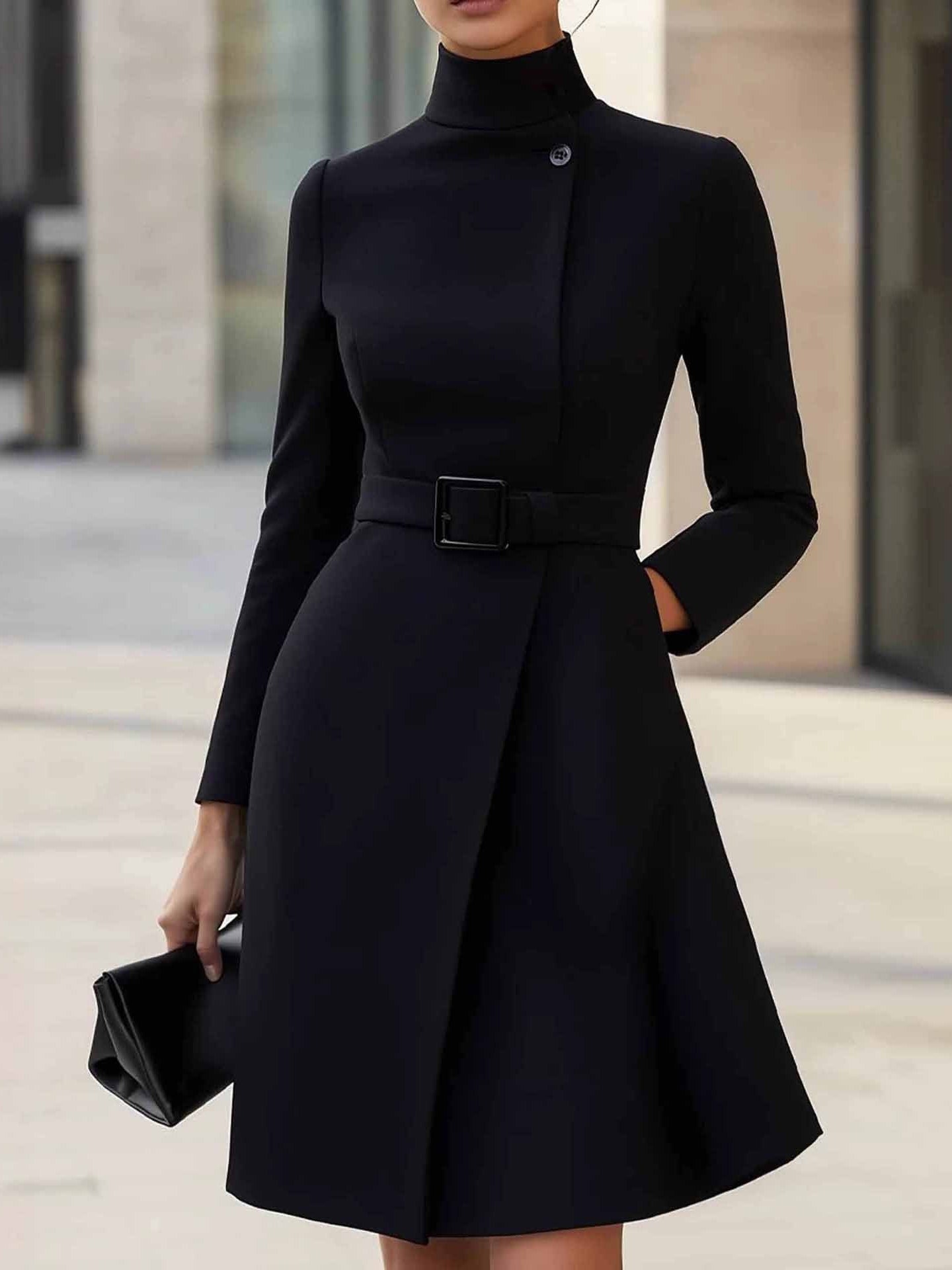 Vestido Midi Envolvente Elegante con Cinturón para Mujeres con Cuello Alto y Manga Larga, Estilo Asimétrico y a Medida