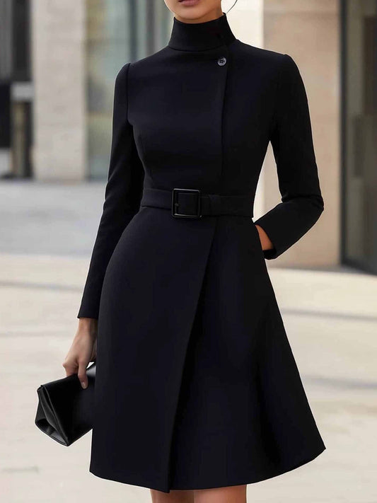 Vestido Midi Envolvente Elegante con Cinturón para Mujeres con Cuello Alto y Manga Larga, Estilo Asimétrico y a Medida