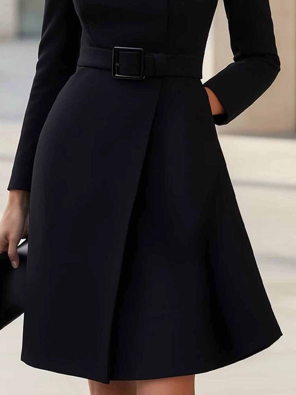 Vestido Midi Envolvente Elegante con Cinturón para Mujeres con Cuello Alto y Manga Larga, Estilo Asimétrico y a Medida
