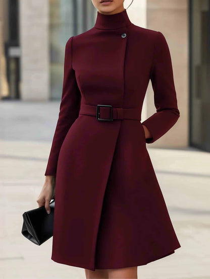 Vestido Midi Envolvente Elegante con Cinturón para Mujeres con Cuello Alto y Manga Larga, Estilo Asimétrico y a Medida