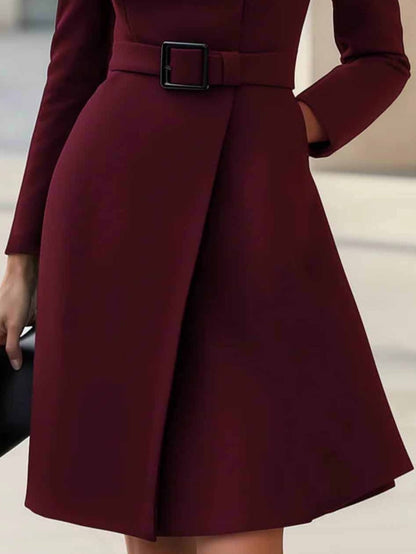 Vestido Midi Envolvente Elegante con Cinturón para Mujeres con Cuello Alto y Manga Larga, Estilo Asimétrico y a Medida