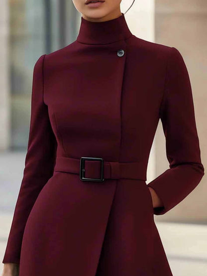 Vestido Midi Envolvente Elegante con Cinturón para Mujeres con Cuello Alto y Manga Larga, Estilo Asimétrico y a Medida