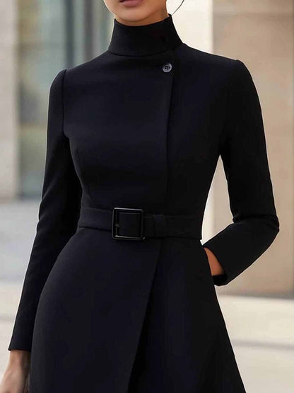 Vestido Midi Envolvente Elegante con Cinturón para Mujeres con Cuello Alto y Manga Larga, Estilo Asimétrico y a Medida