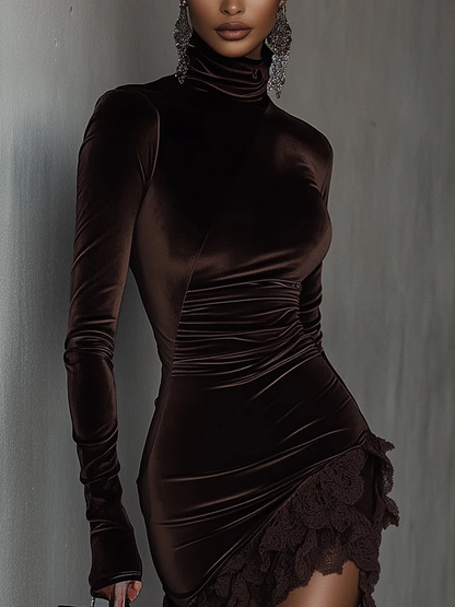 Vestido Mini de Terciopelo Chocolate Elegante para Mujeres con Cuello Alto, Manga Larga, Detalles de Encaje y Estilo Cuerpo Ajustado