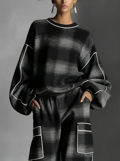 Conjunto de Dos Piezas de Cuadros Negros y Grises para Mujeres con Sudadera Oversized y Pantalones Cargo de Pierna Ancha en Estilo Relajado