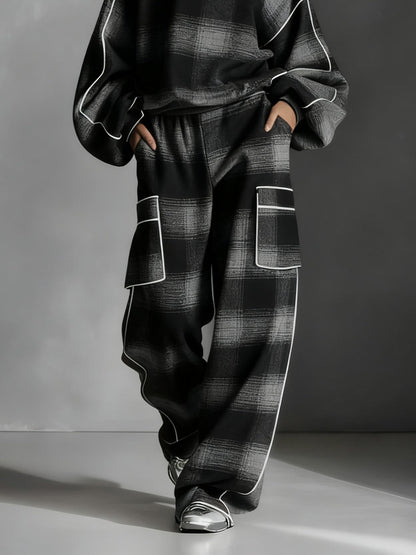 Conjunto de Dos Piezas de Cuadros Negros y Grises para Mujeres con Sudadera Oversized y Pantalones Cargo de Pierna Ancha en Estilo Relajado