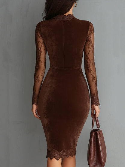 Elegante vestido midi de terciopelo marrón para mujeres con cuello alto, mangas largas de encaje y corte ajustado estilo cóctel