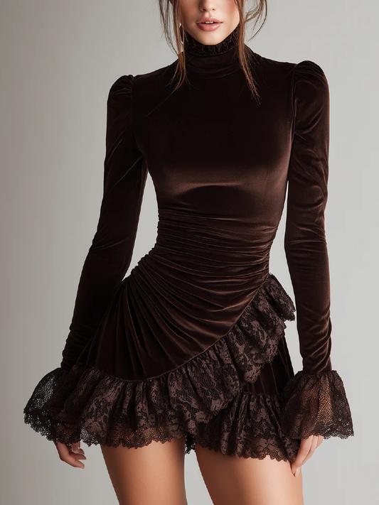 Elegante Mini Vestido de Terciopelo Marrón para Mujeres con Cuello Alto, Manga Larga, Detalle de Volantes de Encaje Arrugado