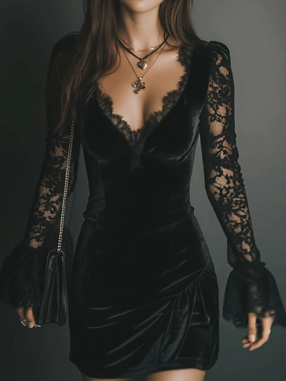 Elegante Mini Vestido de Terciopelo Negro para Mujeres con Cuello en V y Mangas de Encaje Estilo Bodycon para Cóctel