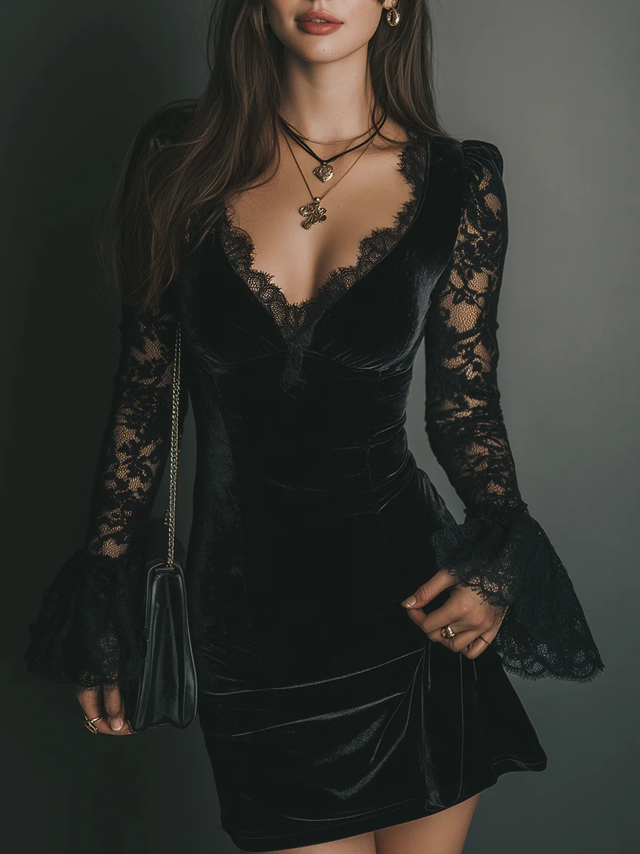 Elegante Mini Vestido de Terciopelo Negro para Mujeres con Cuello en V y Mangas de Encaje Estilo Bodycon para Cóctel