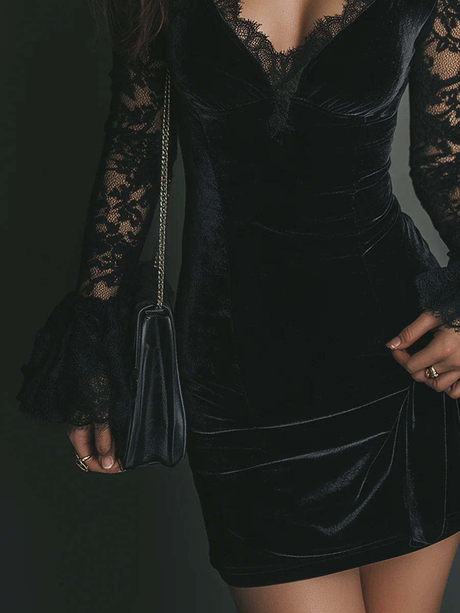 Elegante Mini Vestido de Terciopelo Negro para Mujeres con Cuello en V y Mangas de Encaje Estilo Bodycon para Cóctel