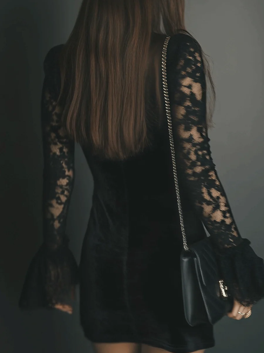 Elegante Mini Vestido de Terciopelo Negro para Mujeres con Cuello en V y Mangas de Encaje Estilo Bodycon para Cóctel