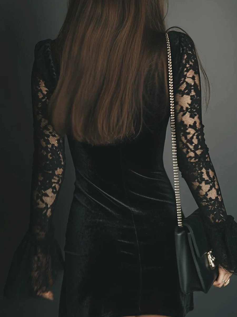 Elegante Mini Vestido de Terciopelo Negro para Mujeres con Cuello en V y Mangas de Encaje Estilo Bodycon para Cóctel