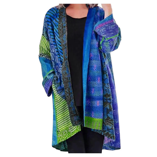 Kimono de Patchwork Sin Esfuerzo para Mujeres con Frente Abierto y Mangas Largas Estilo Boho Oversized