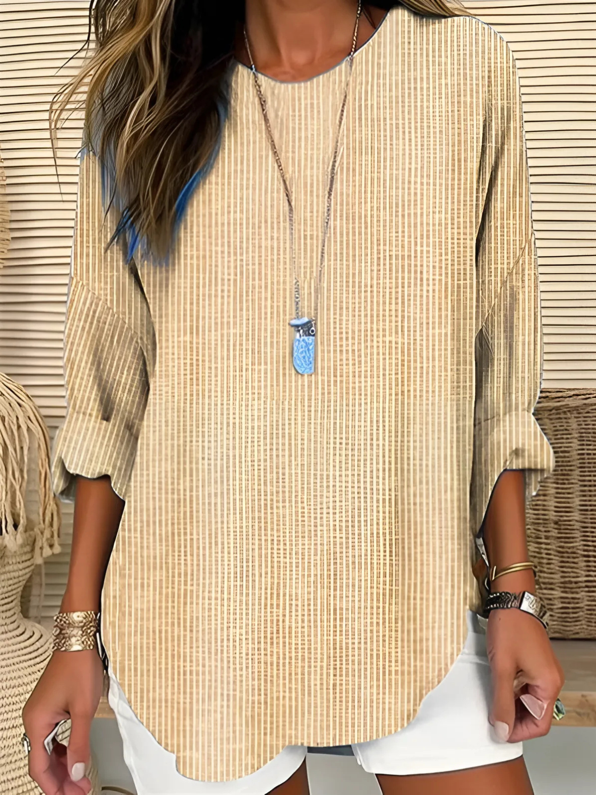 Blusa de Túnica Rayada Sin Esfuerzo para Mujeres con Cuello Redondo, Manga de Codo y Dobladillo Curvado en Estilo Relajado