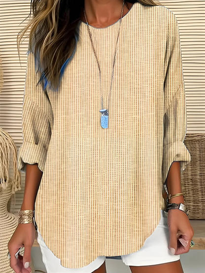 Blusa Tunic a Rayas Sin Esfuerzo para Mujeres con Cuello Redondo, Manga con Volante y Dobladillo Curvo Estilo Relajado
