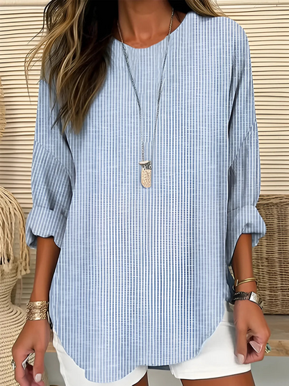 Blusa de Túnica Rayada Sin Esfuerzo para Mujeres con Cuello Redondo, Manga de Codo y Dobladillo Curvado en Estilo Relajado