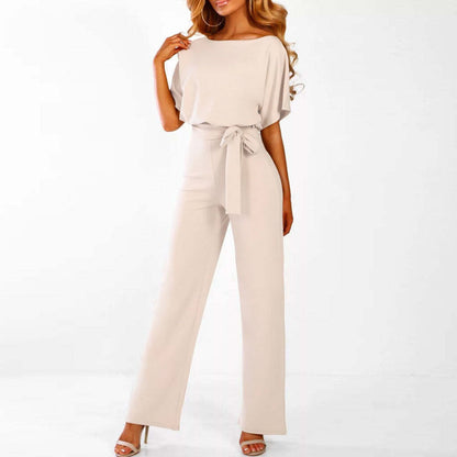 Jumpsuit Elegante de Pierna Ancha para Mujeres con Cuello Barco, Manga Murciélago y Cintura con Cinturón, Estilo Formal para Fiestas