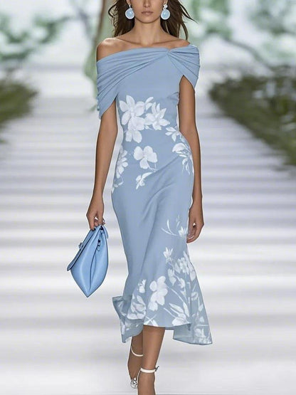 Vestido Midi Floral Elegante para Mujeres con Escote Off Shoulder y Manga Corta Drapada Estilo Cóctel con Dobladillo de Cola de Pez