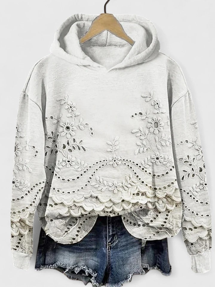 Sudadera con Capucha de Ojal Floral sin Esfuerzo para Mujeres con Mangas Largas y Dobladillo Ondulado Estilo Casual Corto