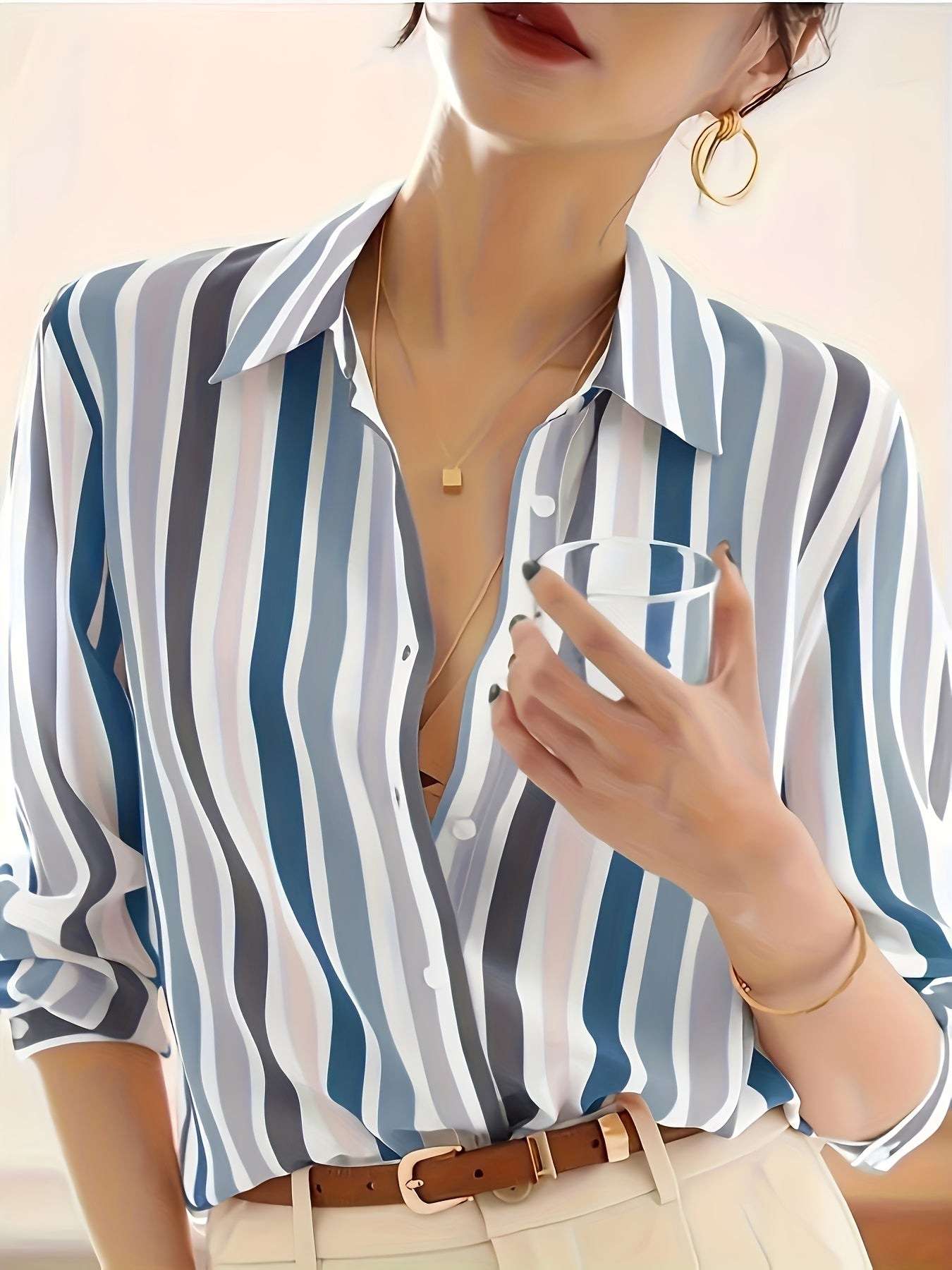 Blusa de Chifón Rayada Sin Esfuerzo para Mujeres con Cuello, Manga Larga, Botones Frontales y Estilo Sedoso Relajado