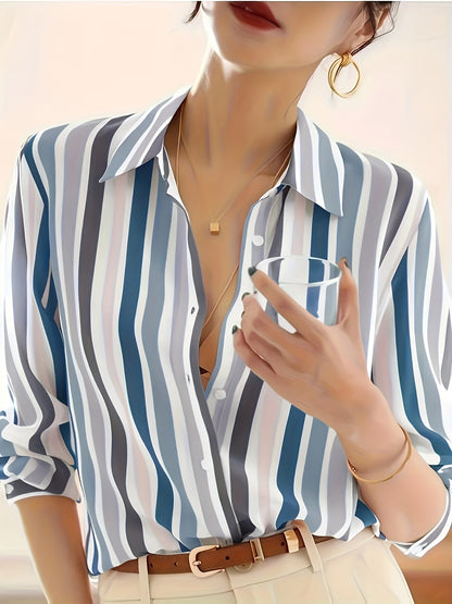 Blusa de Chifón Rayada Sin Esfuerzo para Mujeres con Cuello, Manga Larga, Botones Frontales y Estilo Sedoso Relajado