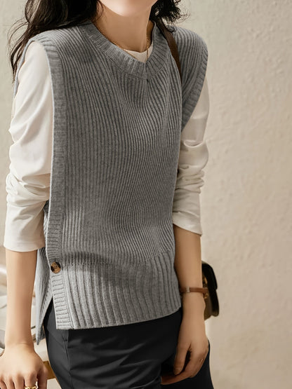 Chaleco de Suéter Acanalado Cómodo para Mujeres con Cuello Redondo Sin Mangas Estilo Oversized