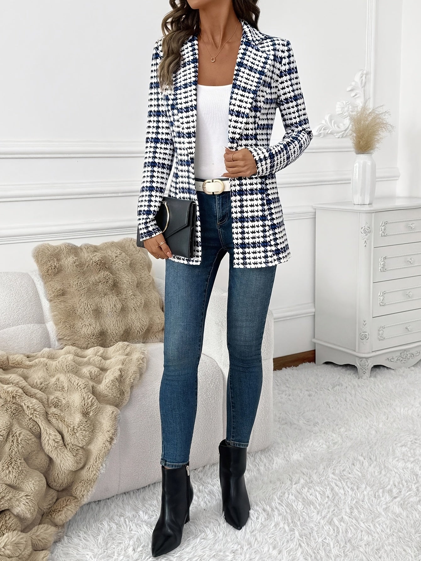 Blazer de Cuadros Elegante para Mujeres, Blazer de Manga Larga Versátil para el Día a Día, Blazer Clásico de Cuadros para Viajar, Blazer de Otoño para Mujeres, Blazer de Cuadros, Blazer de Pied de Poule