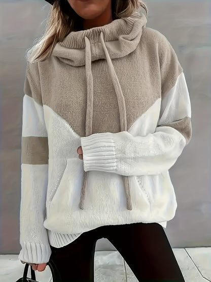 Suéter Colorblock Cómodo para Mujeres con Cuello Cowl de Manga Larga, Estilo Relajado y Oversized