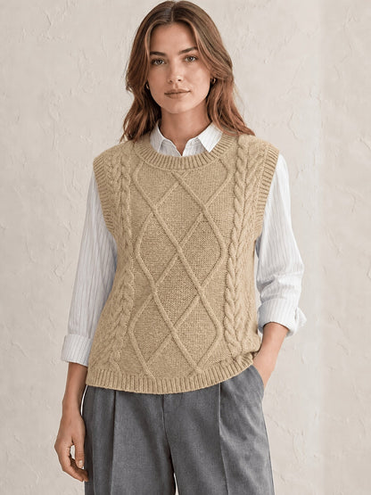 Chaleco de Punto de Cable Cómodo para Mujeres con Cuello Redondo Sin Mangas Estilo Preppy Relajado