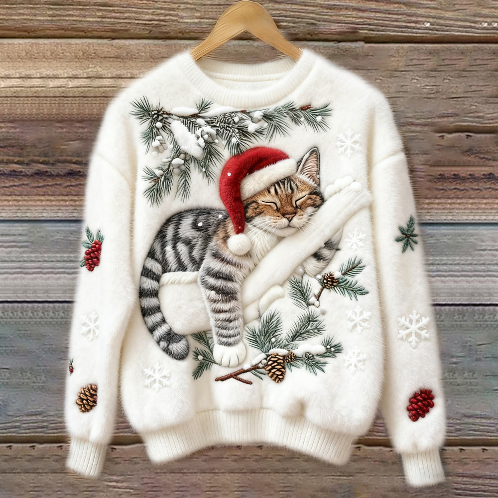 Suéter Cómodo con Estampado de Gato para Mujeres, Cuello Redondo, Manga Larga, Bordado de Copo de Nieve, Estilo Oversized de Tejido