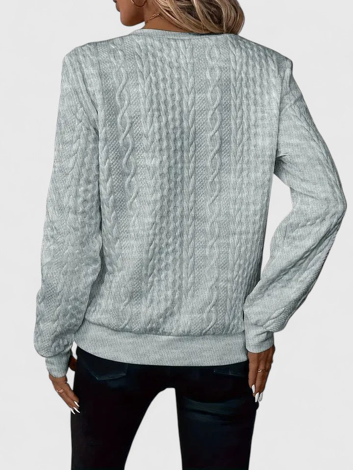 Sudadera de punto trenzado cómoda para mujeres con cuello de triplete y manga larga, estilo relajado y oversize