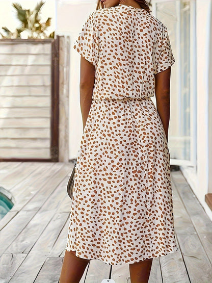 Vestido Midi de Lunares Multicolor sin Esfuerzo para Mujeres con Cuello, Manga Corta, Botones en el Frente y Cintura Ajustable Estilo Casual