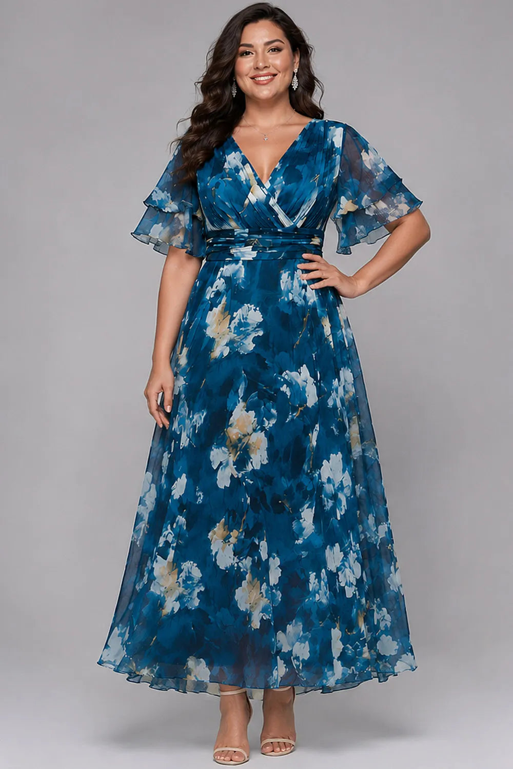 Elegante Vestido Maxi Floral Azul para Mujeres con Escote en V y Mangas Volantes, Estilo para Invitadas de Boda