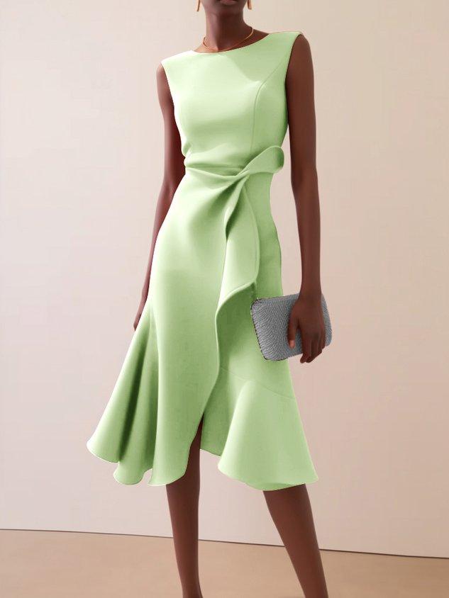 Vestido Midi Elegante con Drapé para Mujeres con Escote Barco, Sin Mangas y Bajo con Volantes Asimétricos Estilo Cóctel