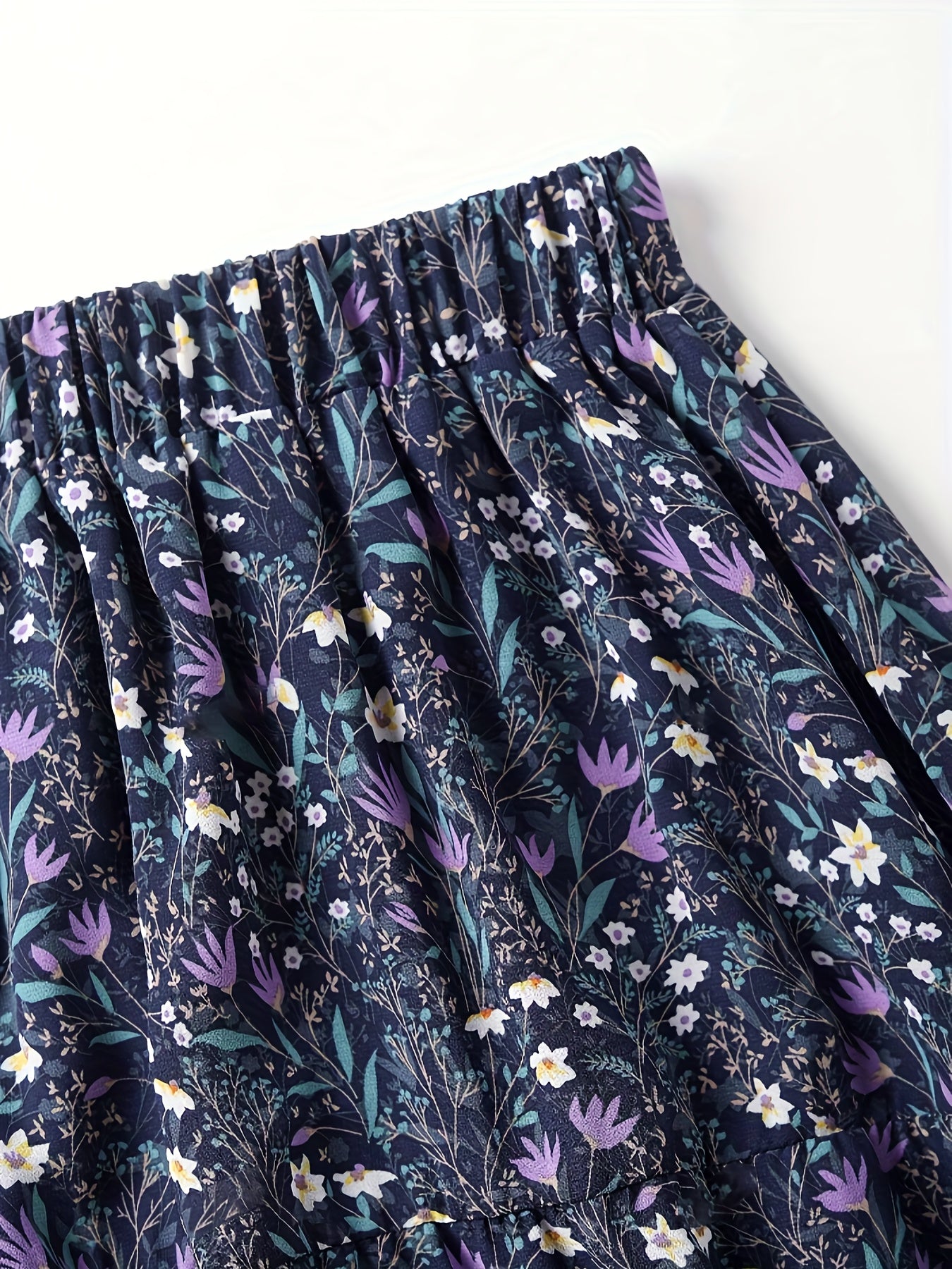 Elegante Falda Maxi Floral Azul para Mujeres con Cintura Fruncida y Volantes en Estilo Bohemio