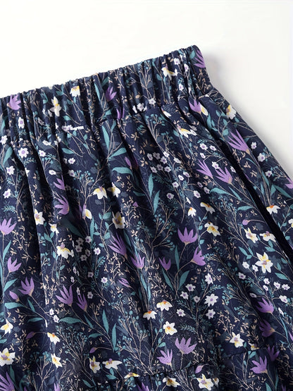 Elegante Falda Maxi Floral Azul para Mujeres con Cintura Fruncida y Volantes en Estilo Bohemio