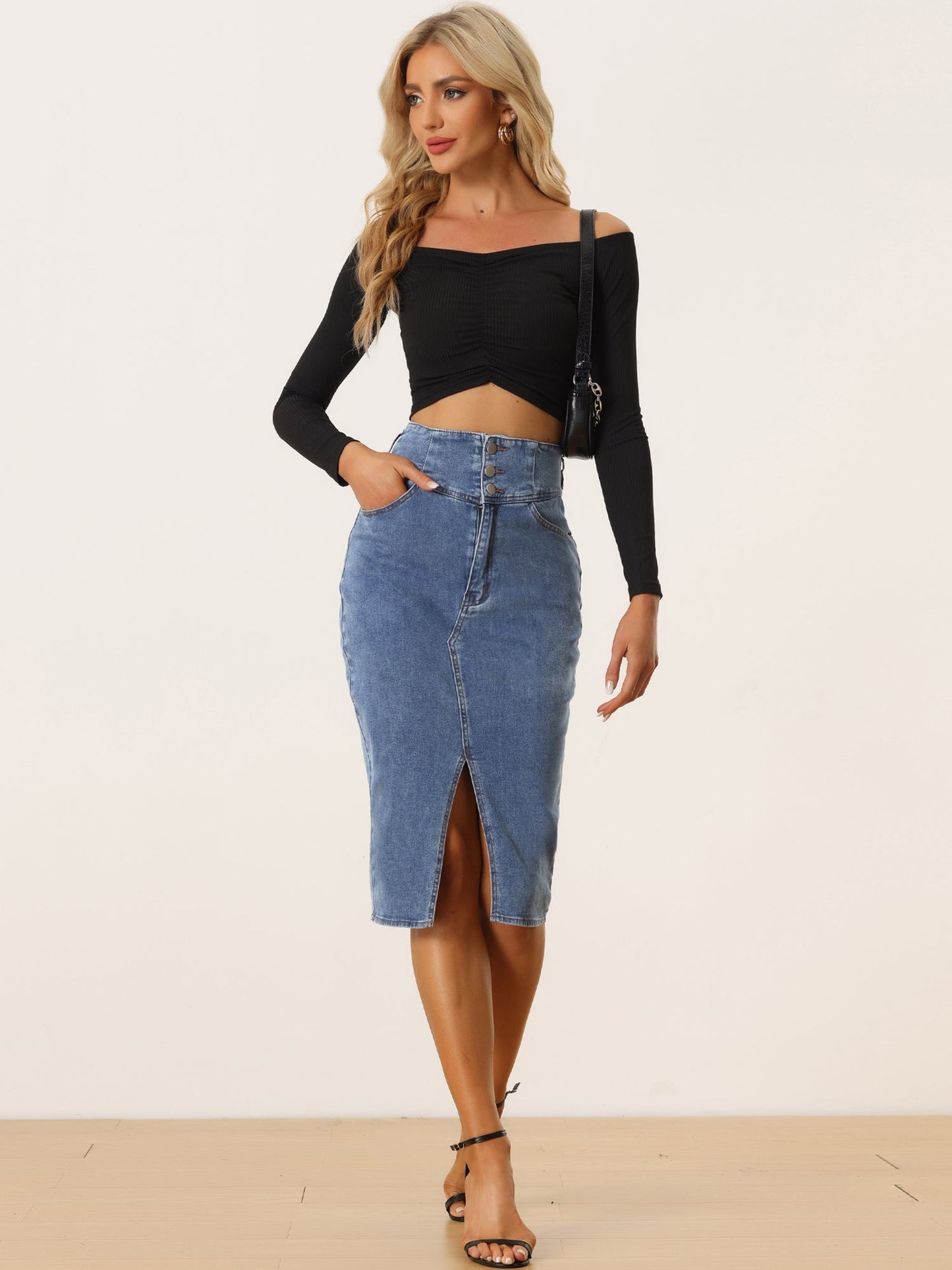 Falda de Jean Sin Esfuerzo para Mujeres con Cintura Alta y Abertura Frontal Estilo Midi Lápiz