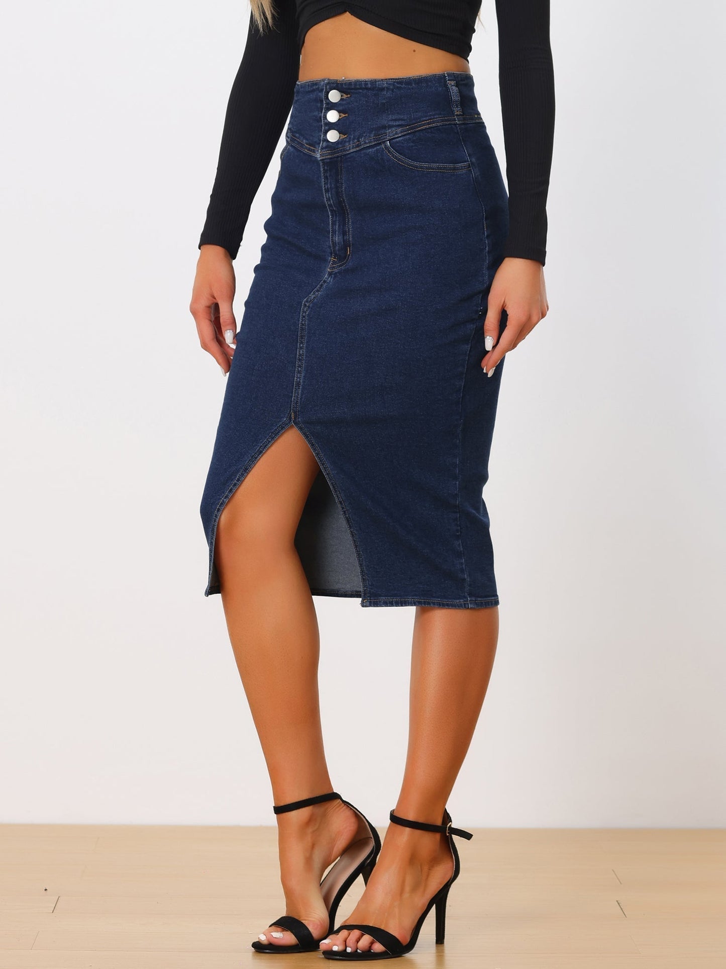 Falda de Jean Sin Esfuerzo para Mujeres con Cintura Alta y Abertura Frontal Estilo Midi Lápiz